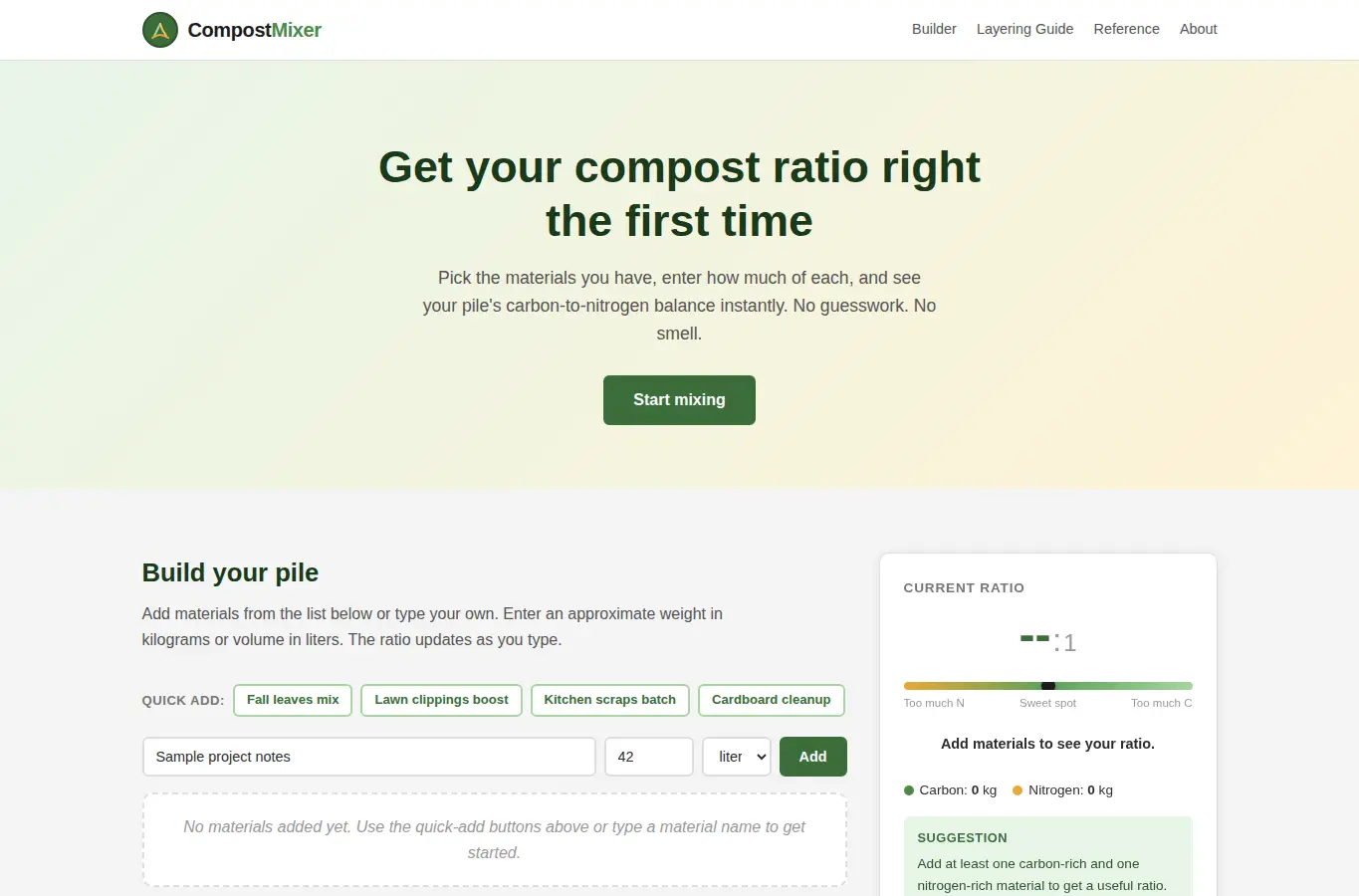 Screenshot of Garden Compost Ratio Mixer interface showing the project page in use